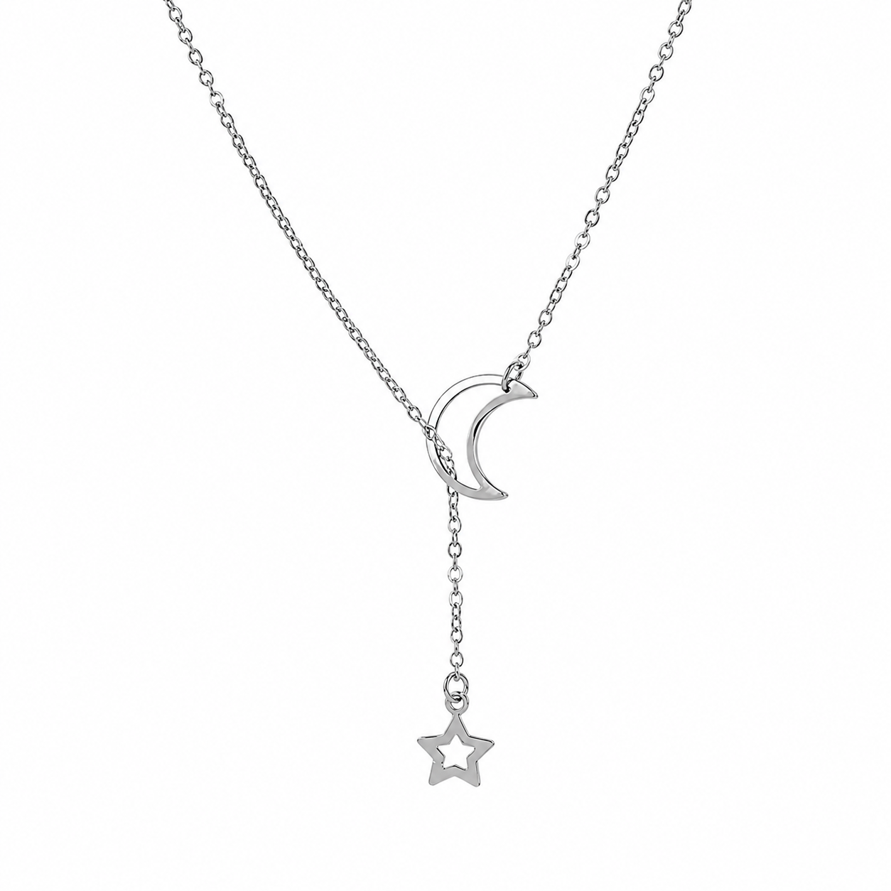 Silver moon and star lariat necklace with crescent moon and hollow star charm