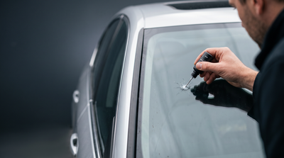 Applying HOKE GlassFix resin to a stone chip on a car windshield