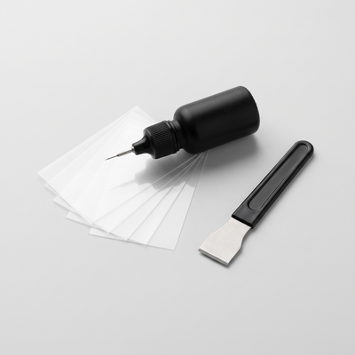 HOKE GlassFix windshield repair kit: resin applicator, curing films and razor blade