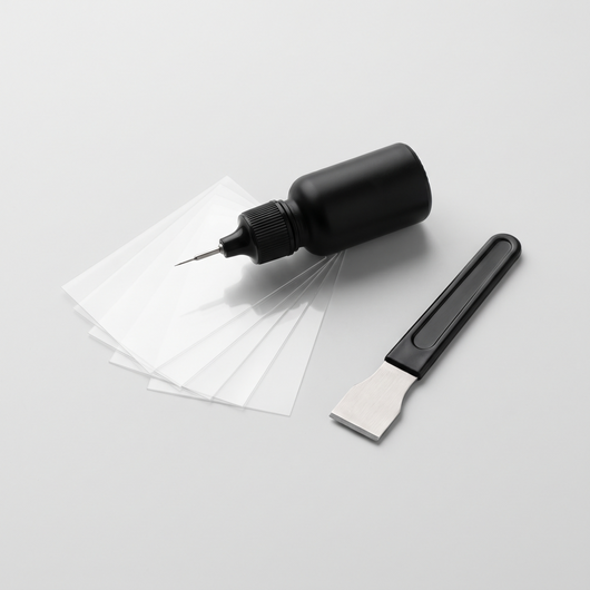 HOKE GlassFix windshield repair kit: resin applicator, curing films and razor blade